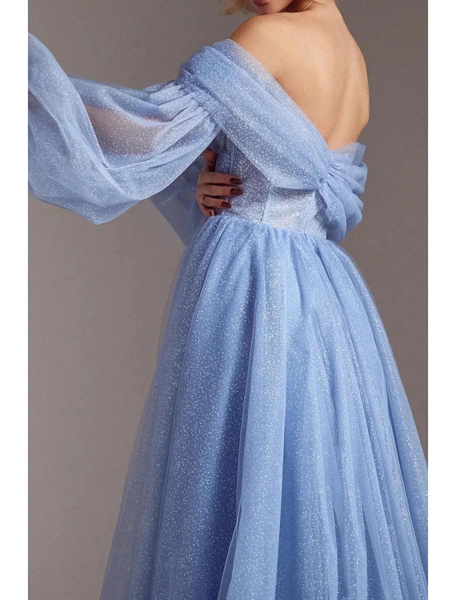 NumberSea - A - Line Prom Dresses Corsets Dress Formal Wedding Party Dress Floor Length Long Sleeve Off Shoulder Tulle with Glitter Ruched Slit