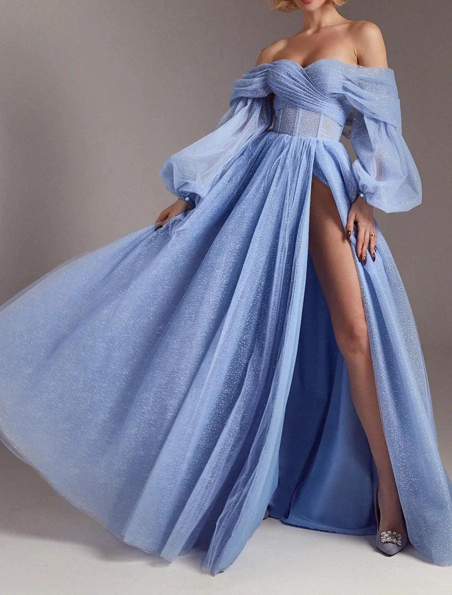 NumberSea - A - Line Prom Dresses Corsets Dress Formal Wedding Party Dress Floor Length Long Sleeve Off Shoulder Tulle with Glitter Ruched Slit