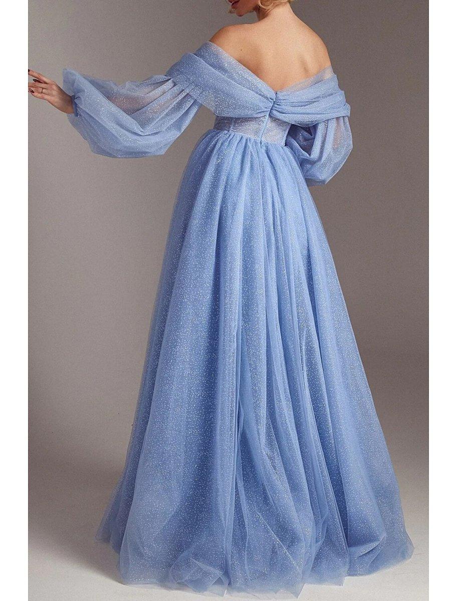 NumberSea - A - Line Prom Dresses Corsets Dress Formal Wedding Party Dress Floor Length Long Sleeve Off Shoulder Tulle with Glitter Ruched Slit