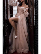NumberSea - A - Line Prom Dresses Corsets Dress Formal Wedding Party Dress Floor Length Long Sleeve Off Shoulder Tulle with Glitter Ruched Slit