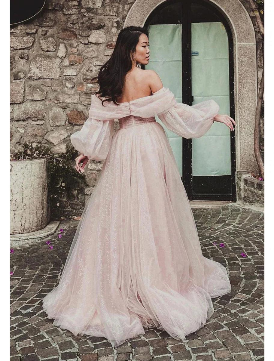 NumberSea - A - Line Prom Dresses Corsets Dress Formal Wedding Party Dress Floor Length Long Sleeve Off Shoulder Tulle with Glitter Ruched Slit