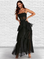 NumberSea - A - Line Prom Dresses Corsets Dress Party Wear Ankle Length Sleeveless Strapless Tulle Ladder Back with Ruffles Pure Color