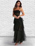 NumberSea - A - Line Prom Dresses Corsets Dress Party Wear Ankle Length Sleeveless Strapless Tulle Ladder Back with Ruffles Pure Color