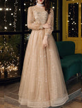 NumberSea - A - Line Prom Dresses Cute Dress Wedding Guest Party Wear Floor Length Long Sleeve Jewel Neck Tulle with Sequin Appliques