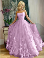 NumberSea - A - Line Prom Dresses Elegant Dress Engagement Floor Length Sleeveless Spaghetti Strap Tulle with Pleats Appliques