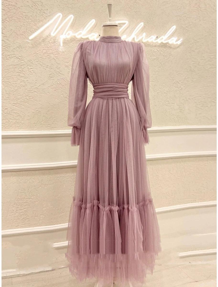 NumberSea - A - Line Prom Dresses Elegant Dress Formal Ankle Length Long Sleeve High Neck Tulle with Pleats Ruched