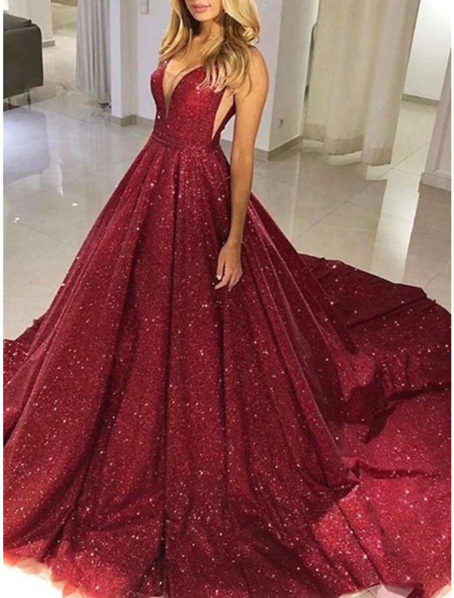 NumberSea - A - Line Prom Dresses Elegant Dress Formal Court Train Christmas Red Green Dress Sleeveless V Neck Sequined with Glitter Pleats
