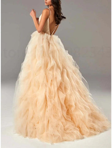 NumberSea - A - Line Prom Dresses Elegant Dress Formal Floor Length Sleeveless Spaghetti Strap Tulle with Pleats Ruffles