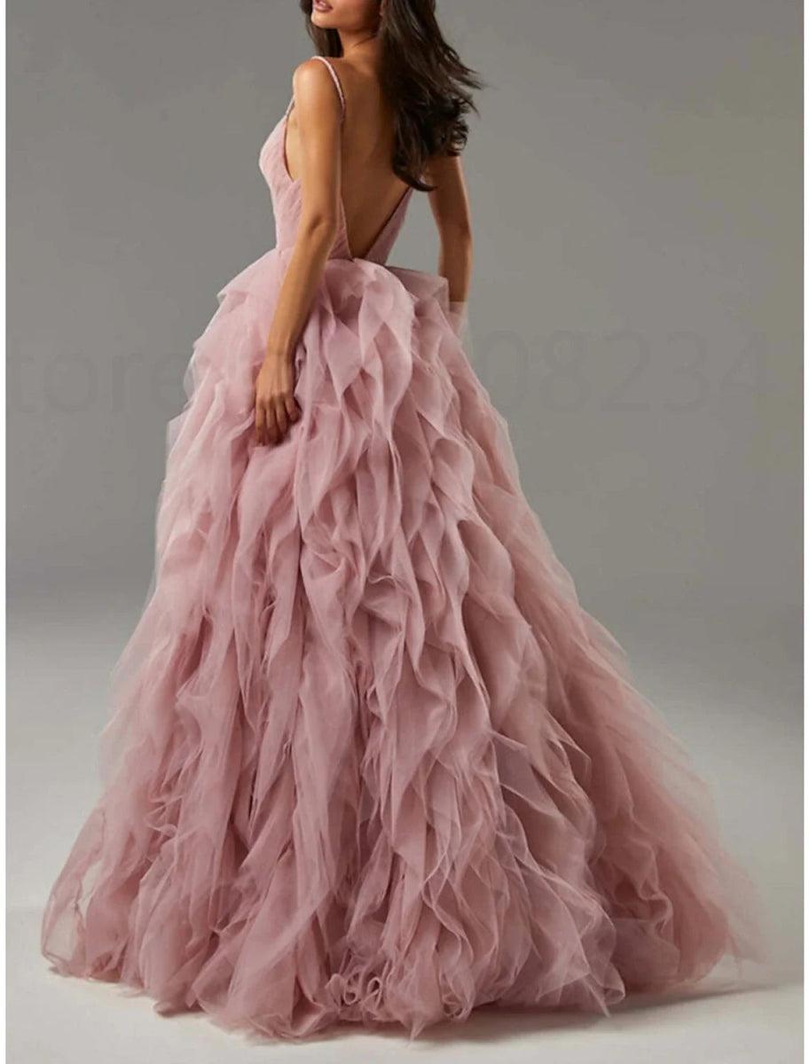 NumberSea - A - Line Prom Dresses Elegant Dress Formal Floor Length Sleeveless Spaghetti Strap Tulle with Pleats Ruffles
