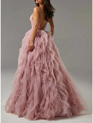 NumberSea - A - Line Prom Dresses Elegant Dress Formal Floor Length Sleeveless Spaghetti Strap Tulle with Pleats Ruffles