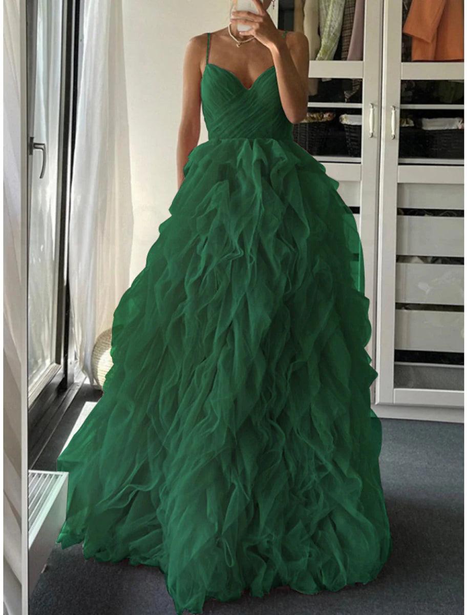 NumberSea - A - Line Prom Dresses Elegant Dress Formal Floor Length Sleeveless Spaghetti Strap Tulle with Pleats Ruffles