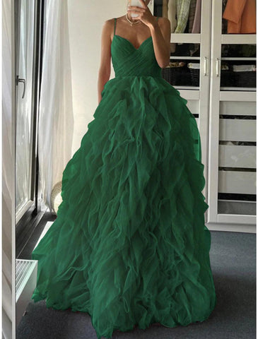 NumberSea - A - Line Prom Dresses Elegant Dress Formal Floor Length Sleeveless Spaghetti Strap Tulle with Pleats Ruffles