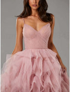 NumberSea - A - Line Prom Dresses Elegant Dress Formal Floor Length Sleeveless Spaghetti Strap Tulle with Pleats Ruffles