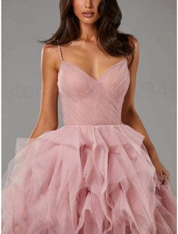 NumberSea - A - Line Prom Dresses Elegant Dress Formal Floor Length Sleeveless Spaghetti Strap Tulle with Pleats Ruffles
