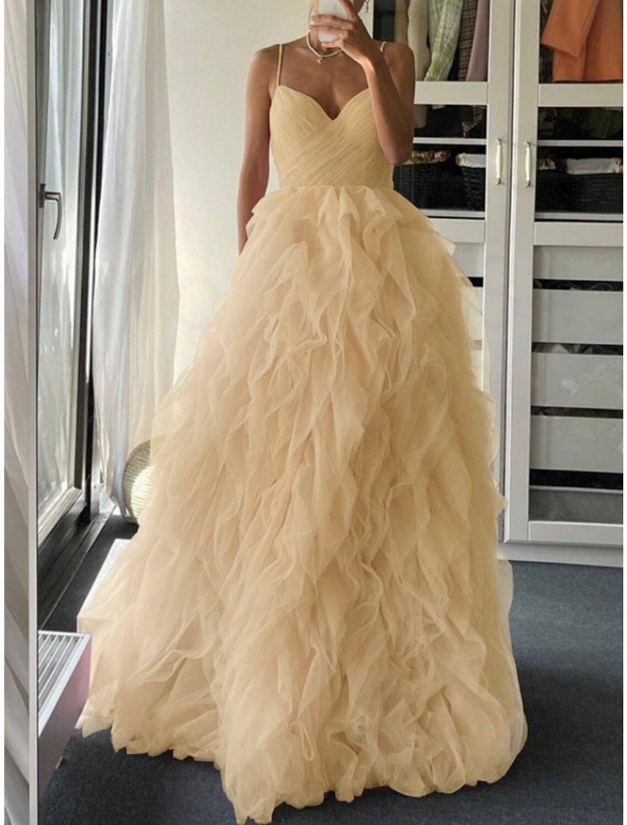 NumberSea - A - Line Prom Dresses Elegant Dress Formal Floor Length Sleeveless Spaghetti Strap Tulle with Pleats Ruffles