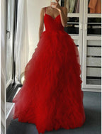 NumberSea - A - Line Prom Dresses Elegant Dress Formal Floor Length Sleeveless Spaghetti Strap Tulle with Pleats Ruffles