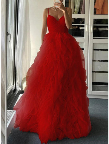 NumberSea - A - Line Prom Dresses Elegant Dress Formal Floor Length Sleeveless Spaghetti Strap Tulle with Pleats Ruffles