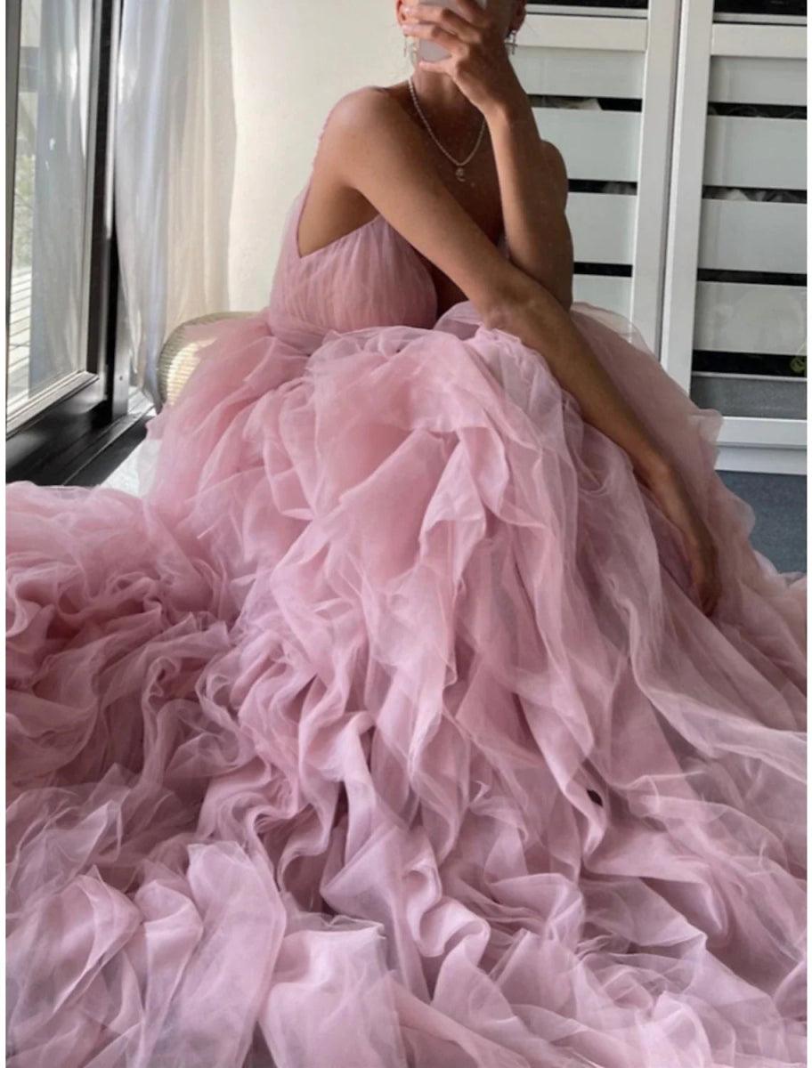 NumberSea - A - Line Prom Dresses Elegant Dress Formal Floor Length Sleeveless Spaghetti Strap Tulle with Pleats Ruffles
