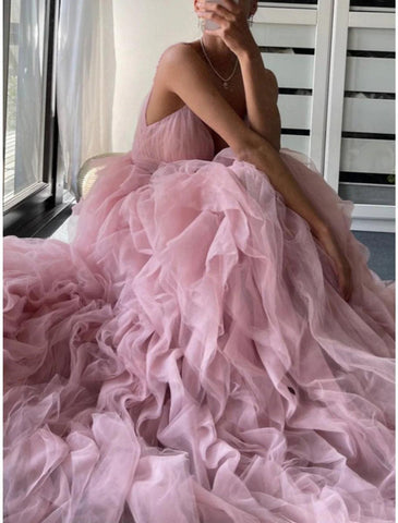 NumberSea - A - Line Prom Dresses Elegant Dress Formal Floor Length Sleeveless Spaghetti Strap Tulle with Pleats Ruffles