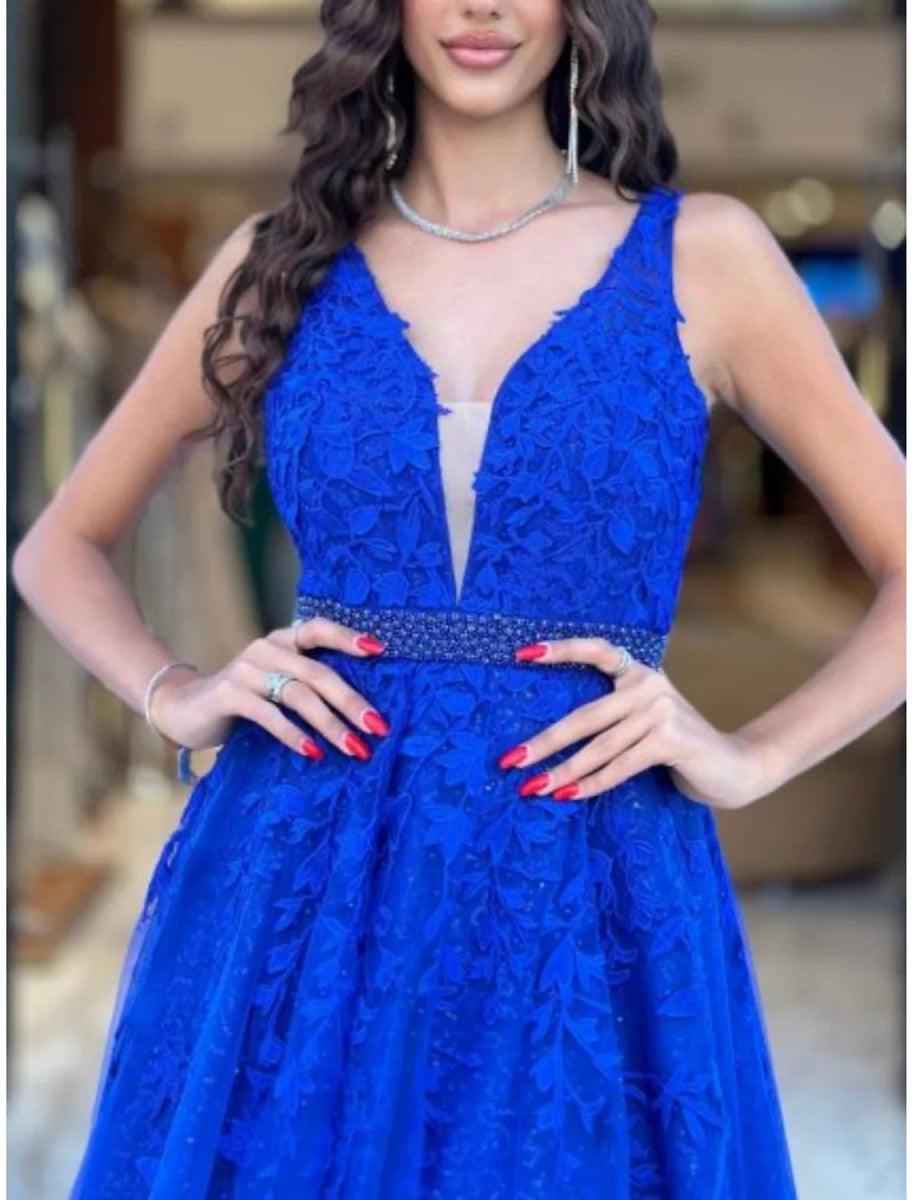 NumberSea - A - Line Prom Dresses Elegant Dress Formal Floor Length Sleeveless V Neck Tulle with Pleats Sequin Appliques