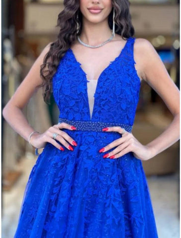 NumberSea - A - Line Prom Dresses Elegant Dress Formal Floor Length Sleeveless V Neck Tulle with Pleats Sequin Appliques