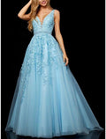 NumberSea - A - Line Prom Dresses Elegant Dress Formal Prom Floor Length Sleeveless V Neck Tulle with Beading Embroidery Appliques