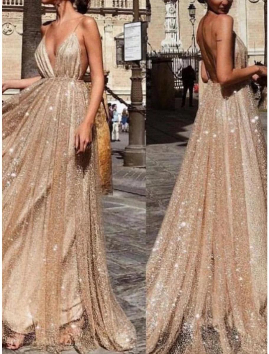 NumberSea - A - Line Prom Dresses Elegant Dress Formal Sweep / Brush Train Christmas Red Green Dress Sleeveless Spaghetti Strap Sequined with Glitter Pleats