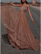 NumberSea - A - Line Prom Dresses Elegant Dress Formal Sweep / Brush Train Christmas Red Green Dress Sleeveless Spaghetti Strap Sequined with Glitter Pleats