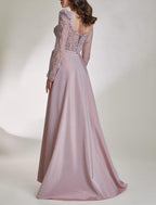 NumberSea - A - Line Prom Dresses Elegant Dress Formal Sweep / Brush Train Long Sleeve Square Neck Satin with Bow(s) Sequin Slit