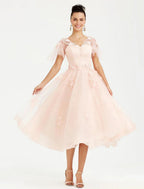 NumberSea - A - Line Prom Dresses Elegant Dress Wedding Guest Cocktail Party Tea Length Short Sleeve V Neck Tulle with Appliques