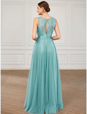 NumberSea - A - Line Prom Dresses Elegant Dress Wedding Guest Floor Length Sleeveless Jewel Neck Tulle with Sequin Pure Color