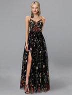 NumberSea - A - Line Prom Dresses Elegant Dress Wedding Guest Floor Length Sleeveless Spaghetti Strap Chiffon with Slit Appliques