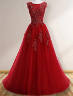NumberSea - A - Line Prom Dresses Elegant Dress Wedding Guest Sweep / Brush Train Sleeveless Jewel Neck Tulle with Appliques