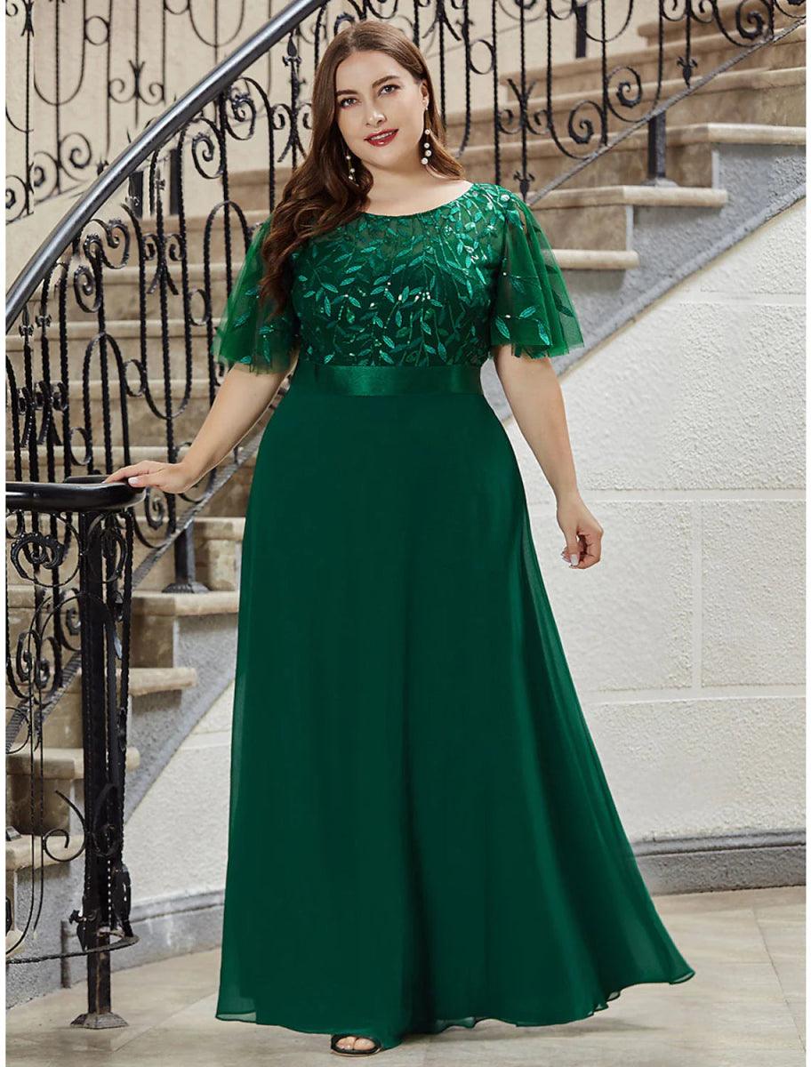 NumberSea - A - Line Prom Dresses Empire Dress Evening Party Wedding Guest Floor Length Short Sleeve Jewel Neck Bridesmaid Dress Chiffon V Back with Sequin