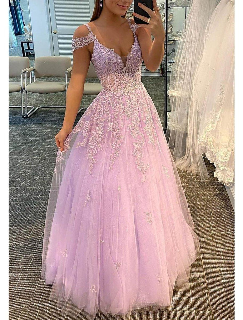 NumberSea-A-Line Prom Dresses Empire Dress Formal Wedding Guest Floor Length Sleeveless V Neck Tulle Backless with Pleats Appliques Light Purple