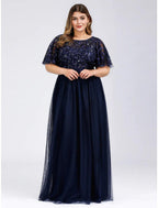 NumberSea - A - Line Prom Dresses Empire Dress Wedding Guest Floor Length Short Sleeve Jewel Neck Tulle with Sequin Appliques