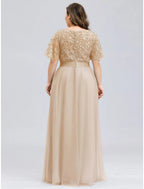 NumberSea - A - Line Prom Dresses Empire Dress Wedding Guest Prom Floor Length Short Sleeve Jewel Neck Bridesmaid Dress Tulle with Sequin Appliques