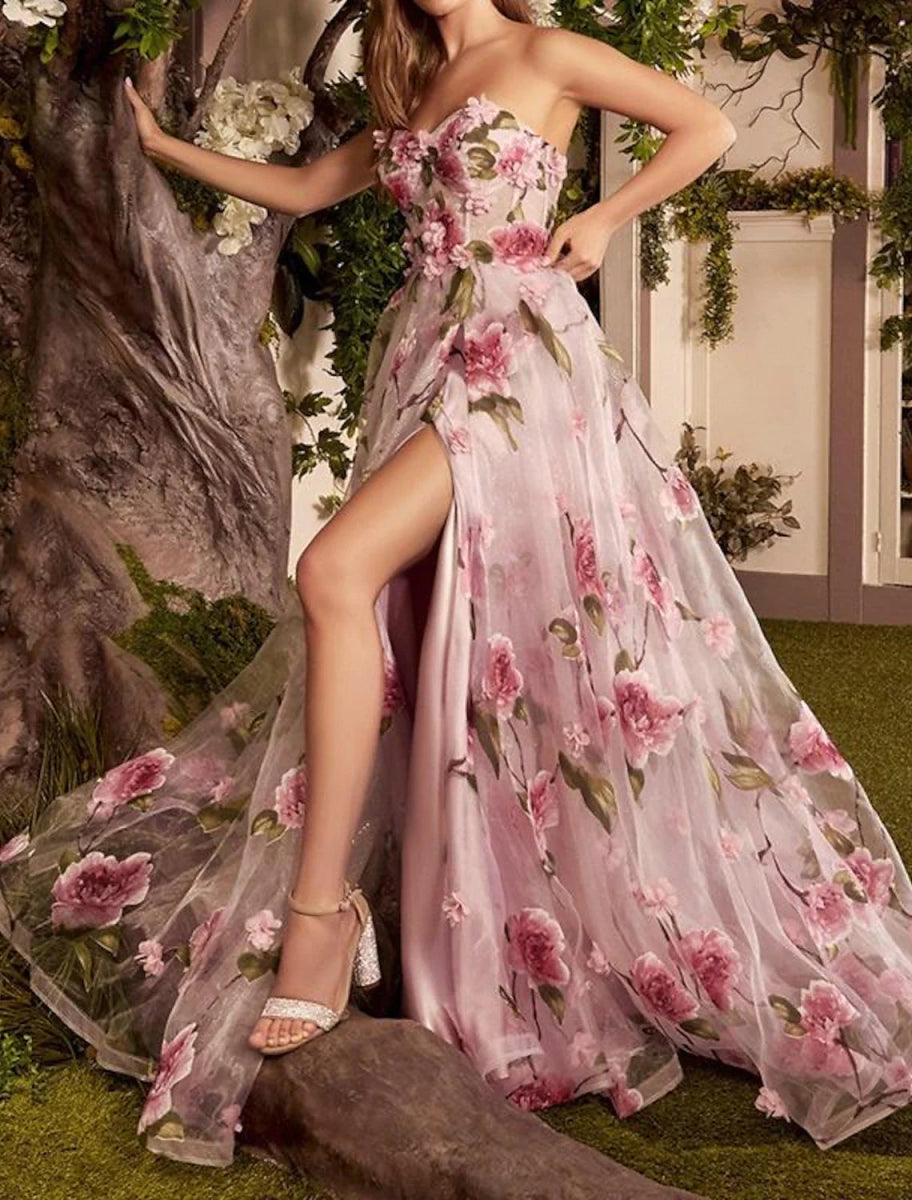 NumberSea - A - Line Prom Dresses Floral Dress Wedding Guest Wedding Party Court Train Sleeveless Strapless Organza with Slit Appliques