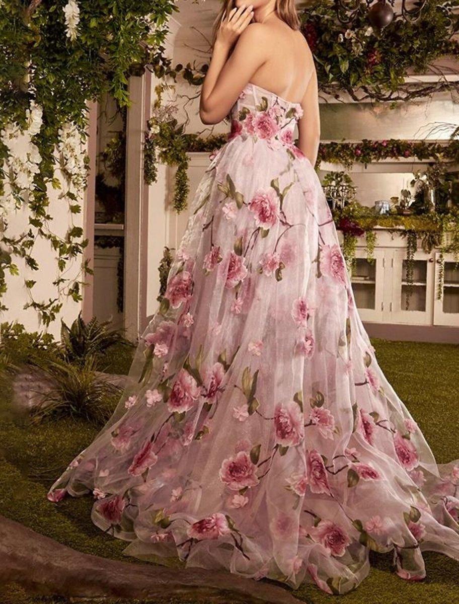 NumberSea - A - Line Prom Dresses Floral Dress Wedding Guest Wedding Party Court Train Sleeveless Strapless Organza with Slit Appliques