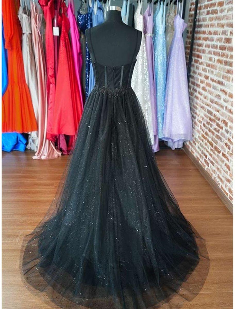 NumberSea - A - Line Prom Dresses Glitter Formal Gothic Dress Graduation Floor Length Sleeveless Sweetheart Spaghetti Tulle with Slit