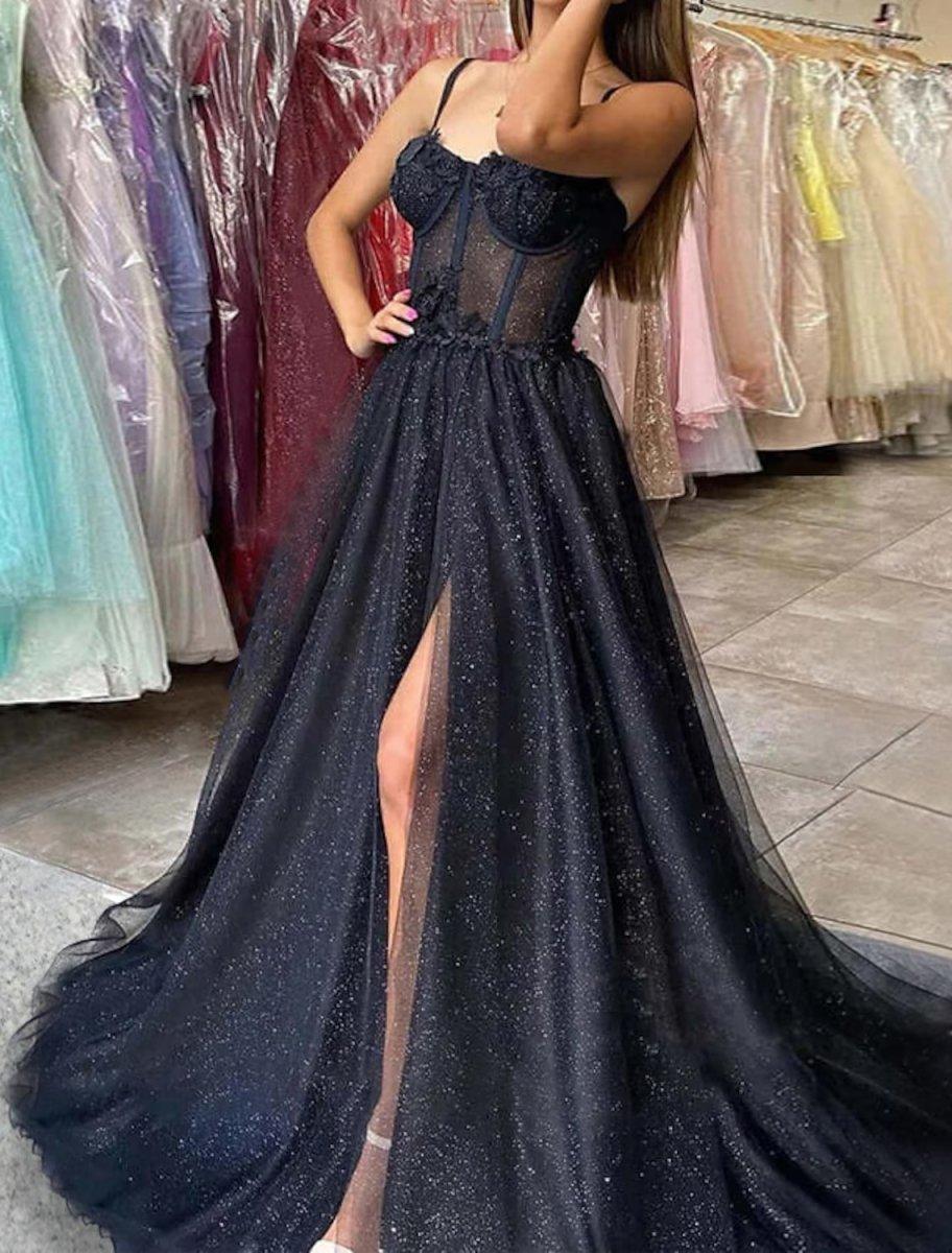 NumberSea - A - Line Prom Dresses Glitter Formal Gothic Dress Graduation Floor Length Sleeveless Sweetheart Spaghetti Tulle with Slit