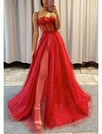 NumberSea - A - Line Prom Dresses Glitter Formal Gothic Dress Graduation Floor Length Sleeveless Sweetheart Spaghetti Tulle with Slit