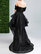 NumberSea - A - Line Prom Dresses Gothic Black Dress Party Wear Wedding Party Asymmetrical Sleeveless Off Shoulder Organza Backless with Ruffles Appliques