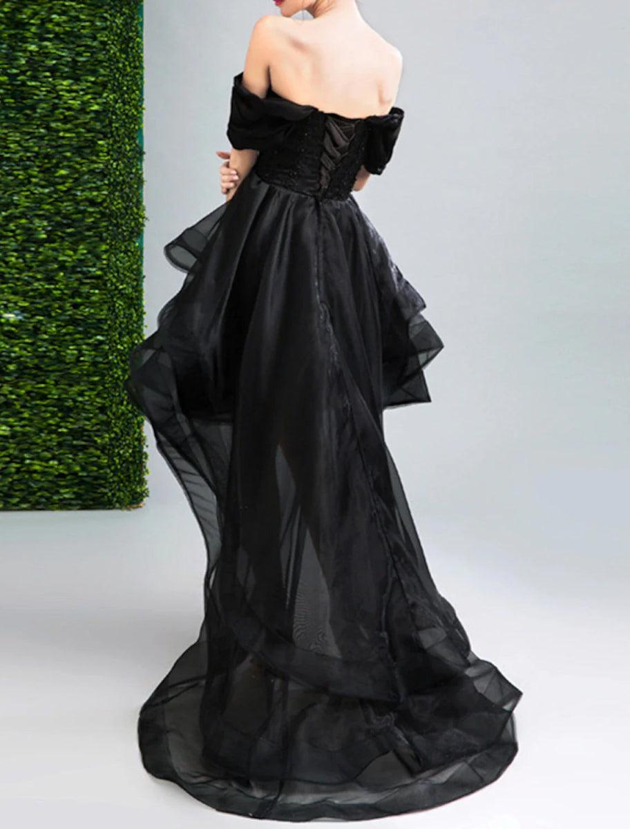 NumberSea - A - Line Prom Dresses Gothic Black Dress Party Wear Wedding Party Asymmetrical Sleeveless Off Shoulder Organza Backless with Ruffles Appliques