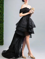 NumberSea - A - Line Prom Dresses Gothic Black Dress Party Wear Wedding Party Asymmetrical Sleeveless Off Shoulder Organza Backless with Ruffles Appliques