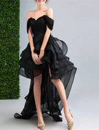 NumberSea - A - Line Prom Dresses Gothic Black Dress Party Wear Wedding Party Asymmetrical Sleeveless Off Shoulder Organza Backless with Ruffles Appliques