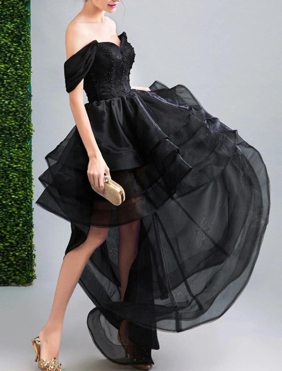 NumberSea - A - Line Prom Dresses Gothic Black Dress Party Wear Wedding Party Asymmetrical Sleeveless Off Shoulder Organza Backless with Ruffles Appliques
