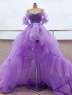 NumberSea - A - Line Prom Dresses High Low Dress Quinceanera Asymmetrical Purple Short Sleeve Off Shoulder Tulle with Tier