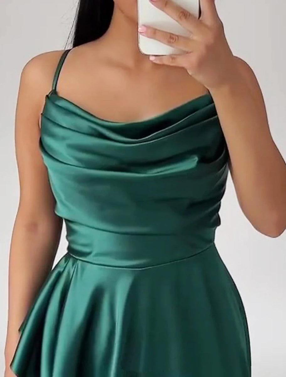 NumberSea - A - Line Prom Dresses High Low Dress Wedding Guest Black Tie Asymmetrical Sleeveless Spaghetti Strap Satin with Ruched Slit