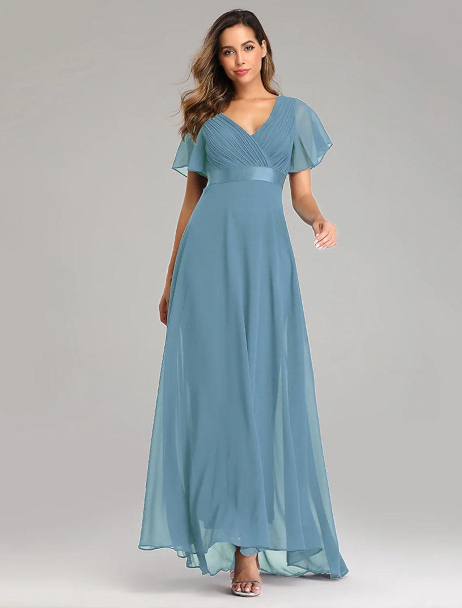 NumberSea - A - Line Prom Dresses Maxi Dress Fall Wedding Guest Dress For Bridesmaid Floor Length Short Sleeve V Neck Chiffon V Back with Ruched Ruffles